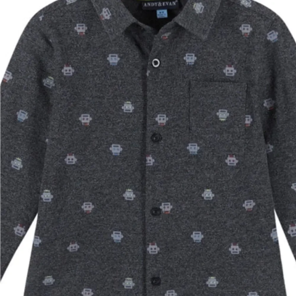 Andy and Evan Boys Robot Pique Knit Buttondown gray NWT size 5